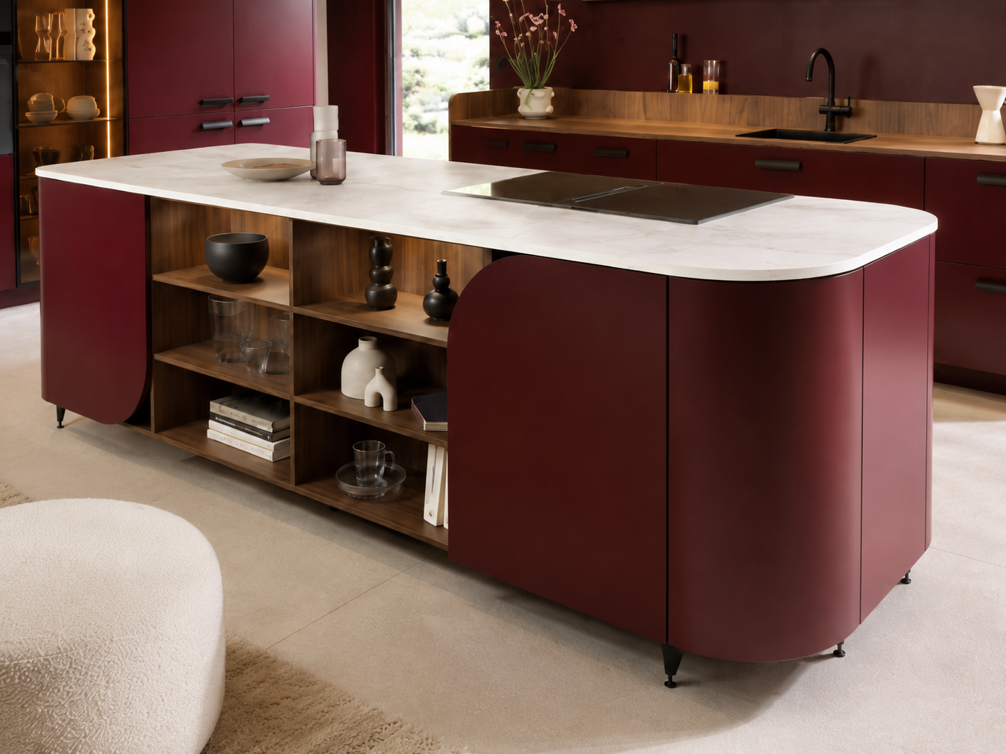 Oxblood island bespoke kitchen with pale stone and warm shelving — Oxblood — Dominus Design Bespoke Luxury Kitchens London | Vxro.pl