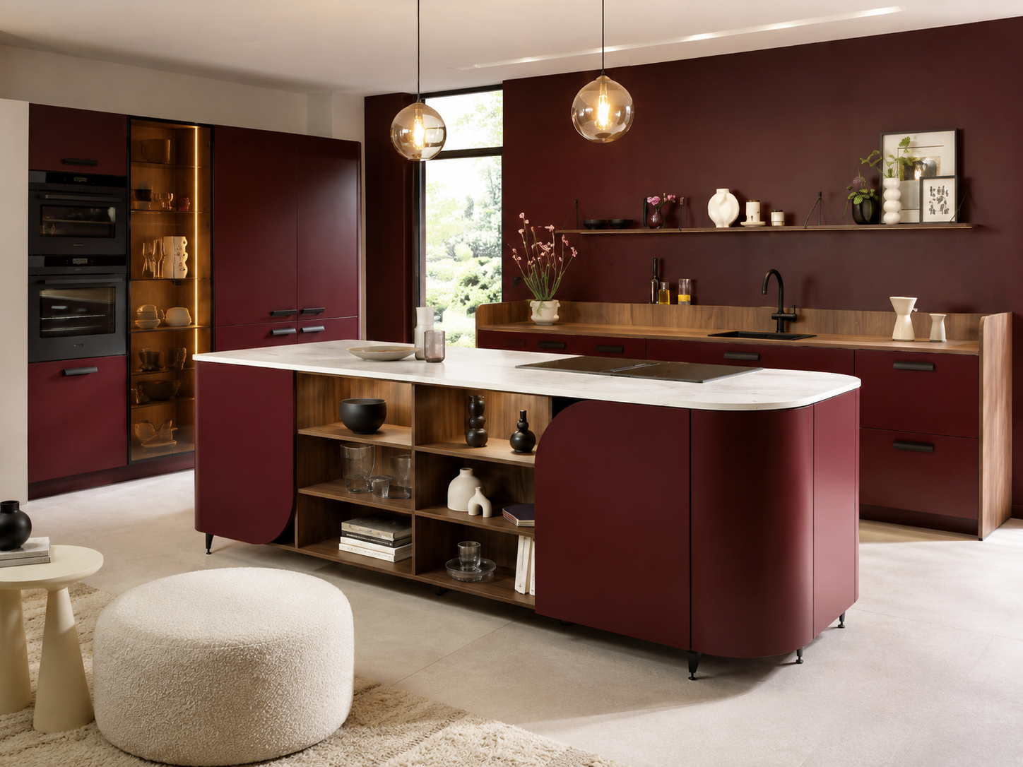 Oxblood island bespoke kitchen with pale stone and warm shelving