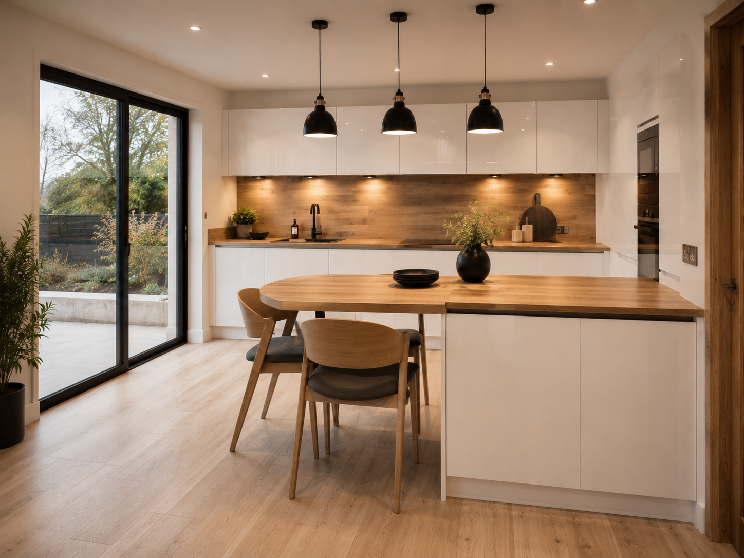 Bright oak dining kitchen with garden doors — Warm Oak — Dominus Design Bespoke Luxury Kitchens London | Vxro.pl