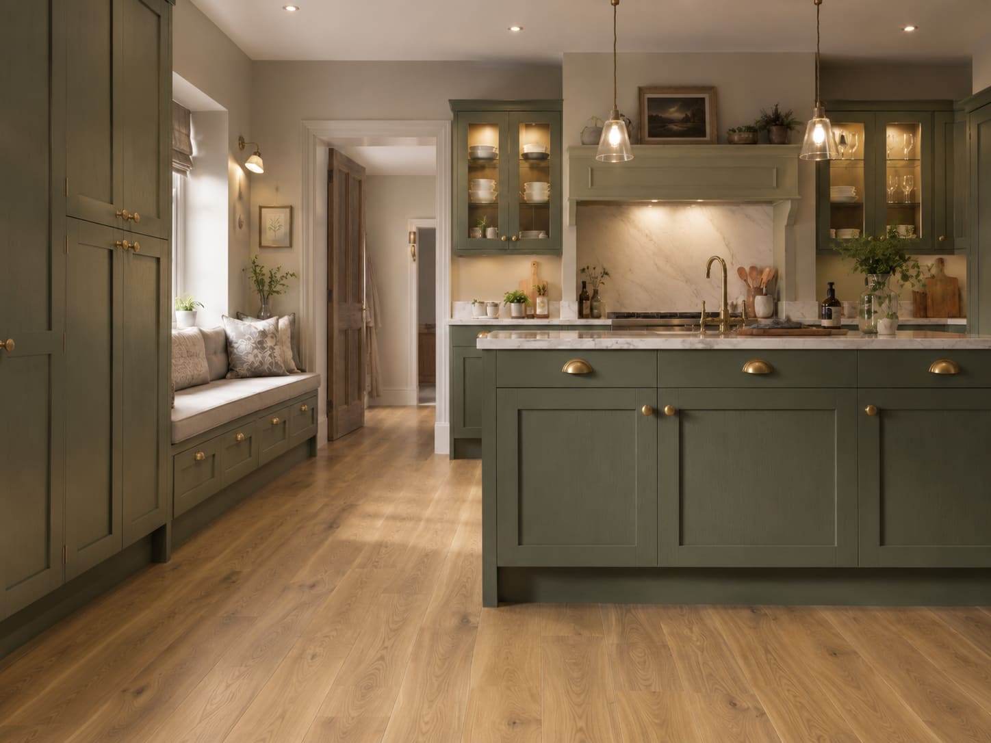 Second angle of the olive bespoke kitchen showing island and window seat joinery