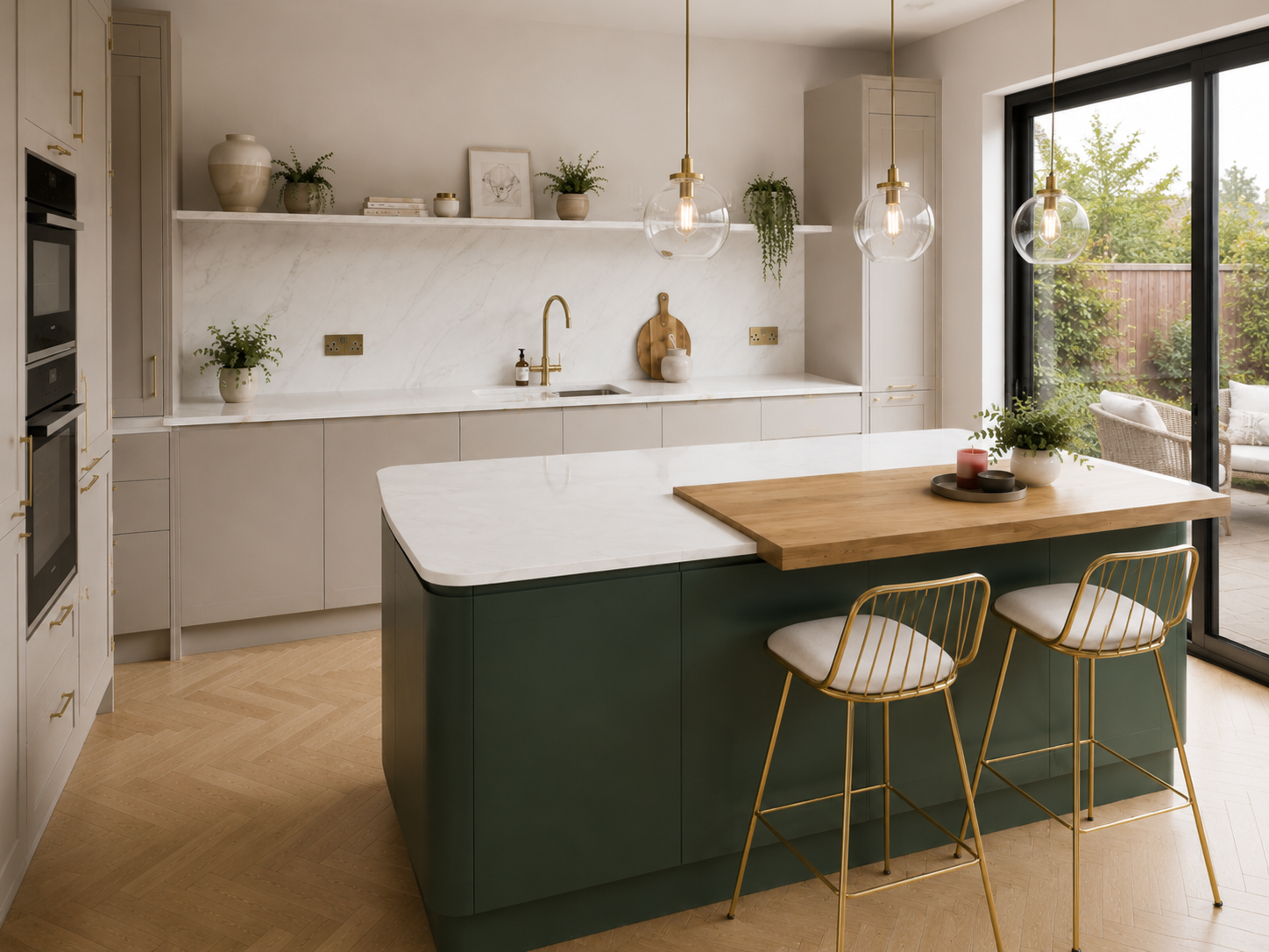 Sage-toned sculpted island kitchen with pale stone