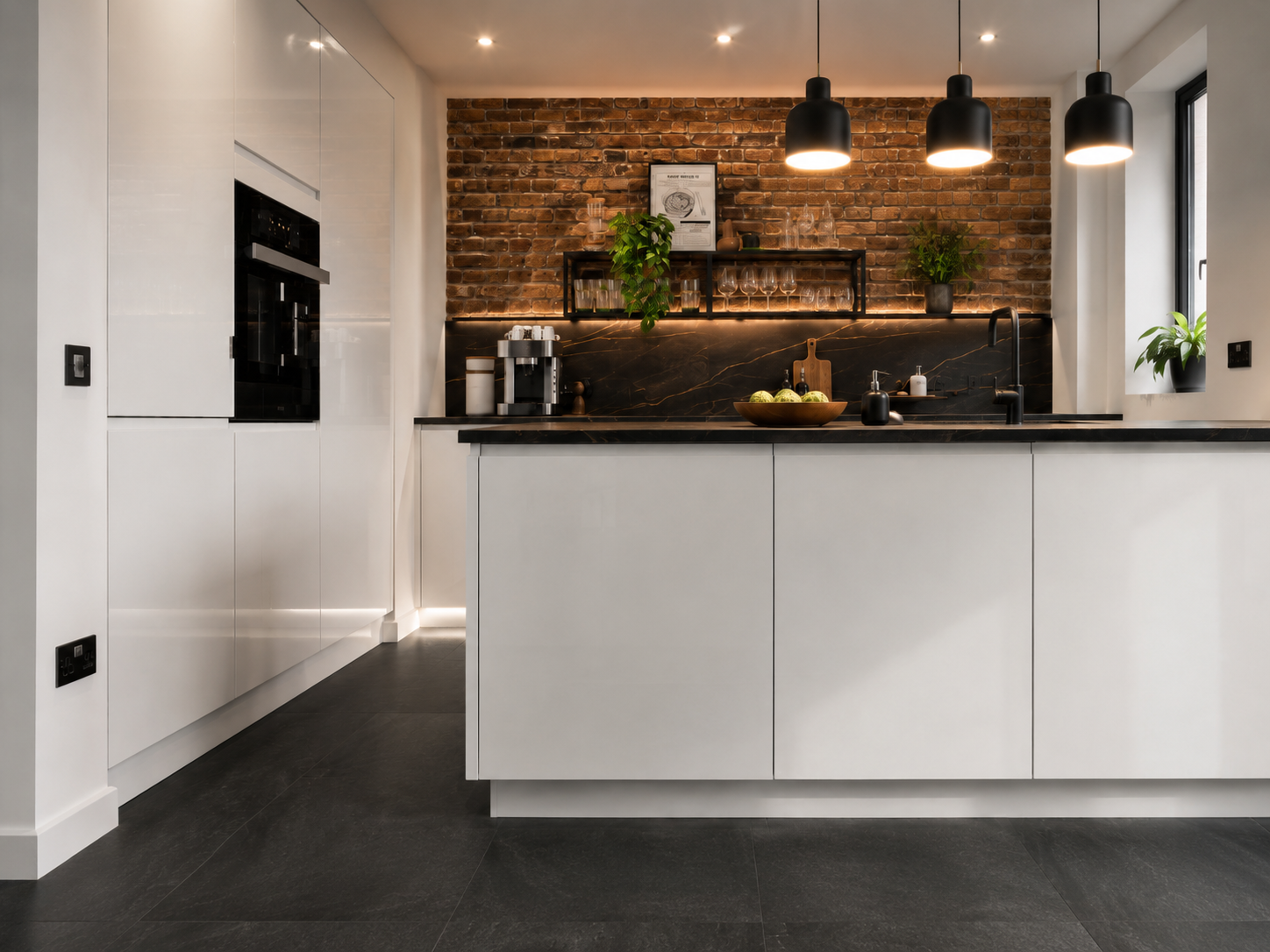 Kitchen with white handleless perimeter and exposed brick splashback