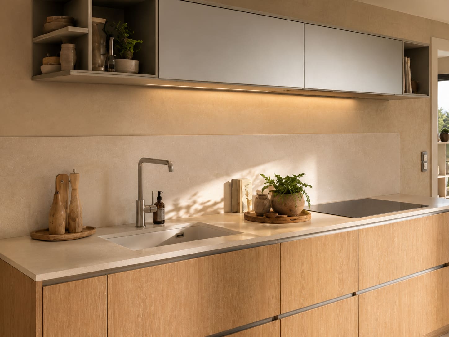 Minimal oak kitchen wall run with pale stone worktop and integrated lighting