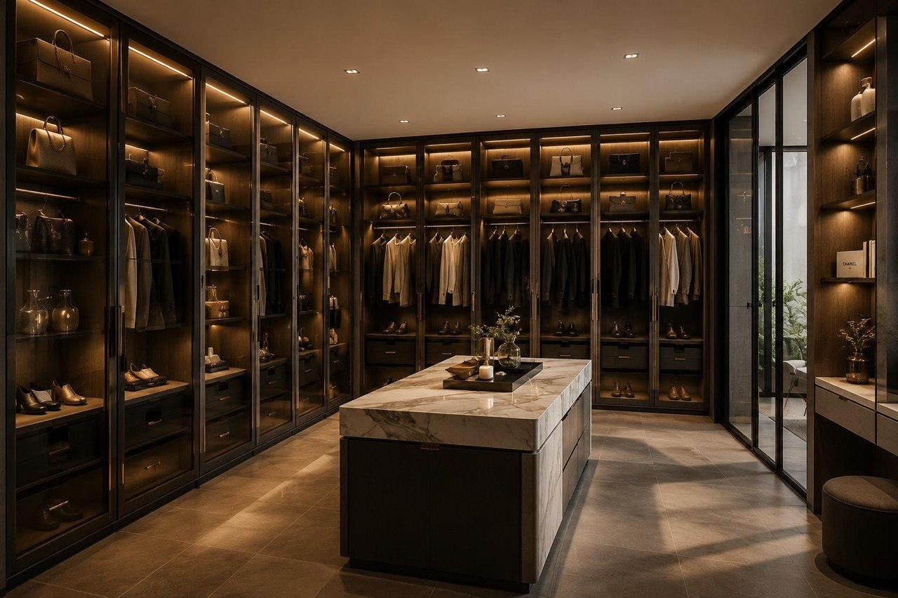 Bespoke walk-in wardrobe joinery by Dominus Design
