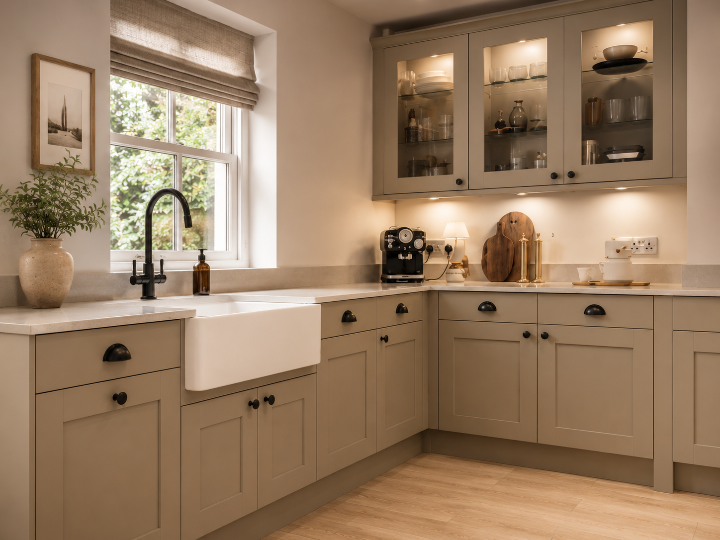 Putty shaker kitchen with belfast sink and glazed doors — Putty — Dominus Design Bespoke Luxury Kitchens London | Vxro.pl