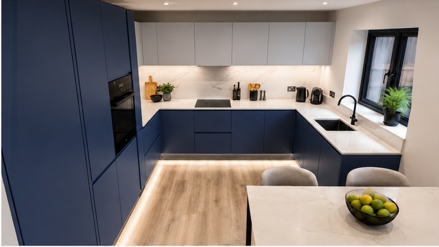Bespoke handleless kitchen in midnight navy with marble island — Vxro.pl — Midnight Navy — Dominus Design Bespoke Luxury Kitchens London | Vxro.pl