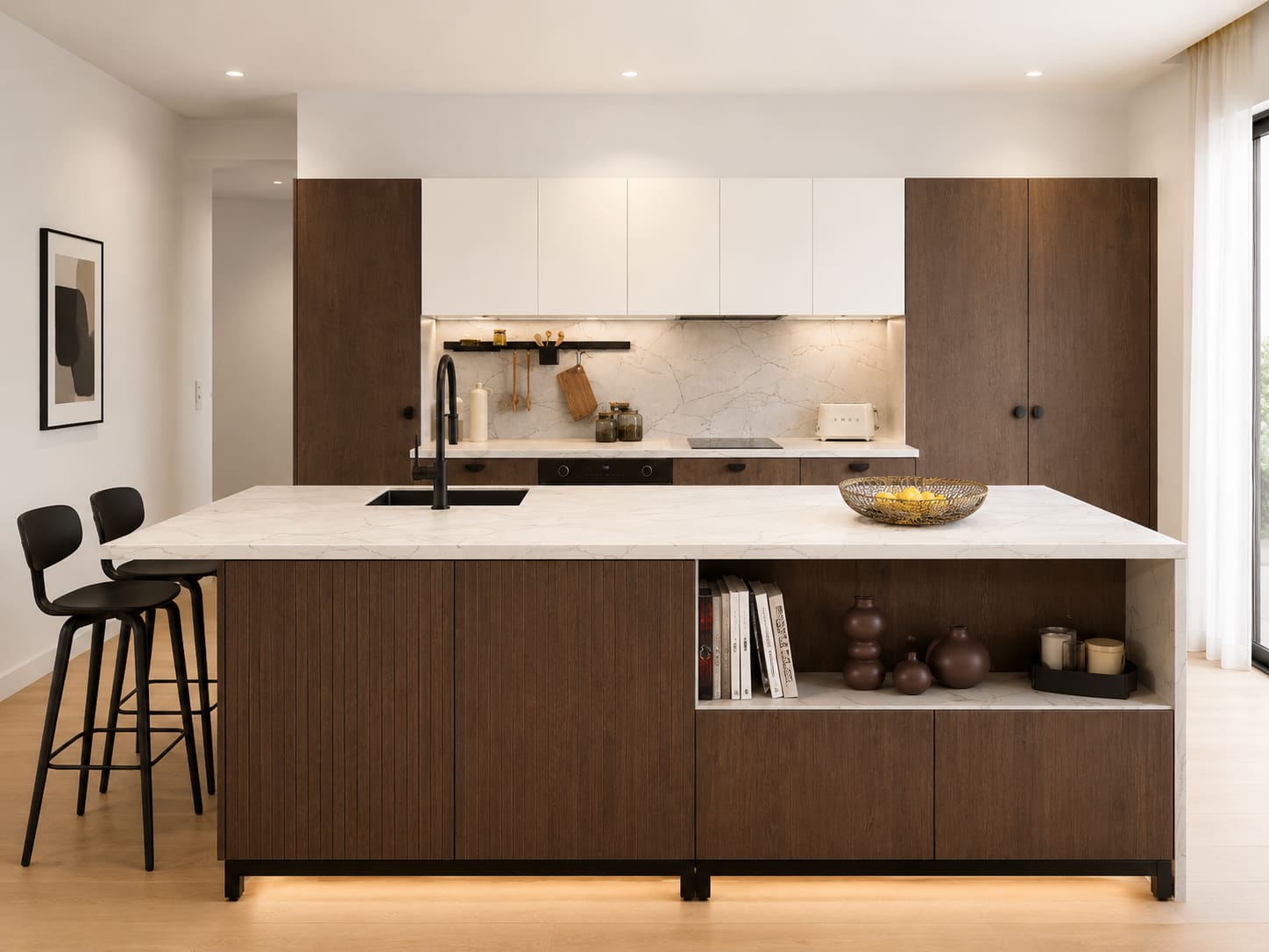 Front elevation of the same walnut and porcelain bespoke kitchen