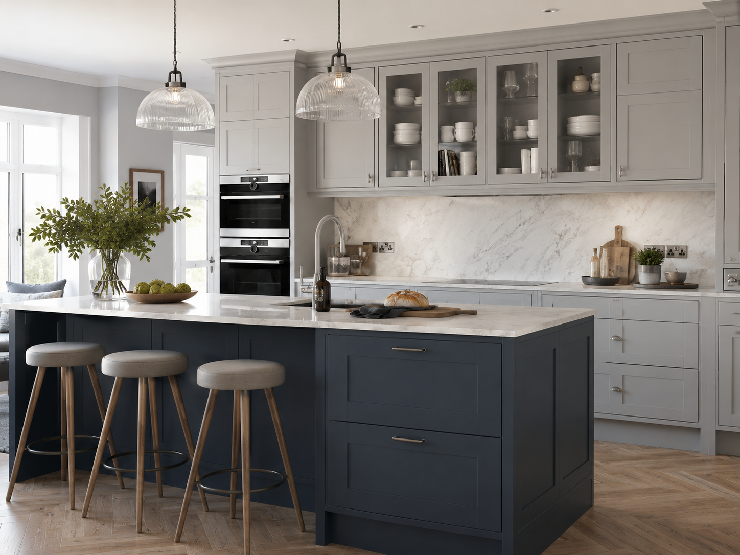 Pale blue shaker island family kitchen with brass hardware