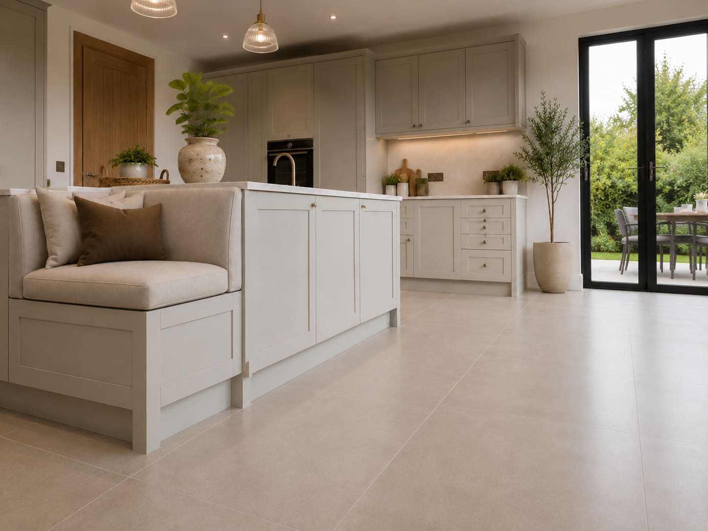 Softly painted bespoke kitchen with layered stone