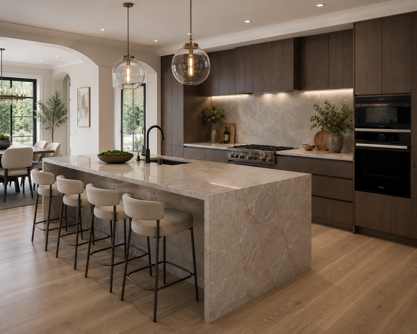Sculptural marble island bespoke kitchen with neutral joinery — Sculpted Marble — Dominus Design Bespoke Luxury Kitchens London | Vxro.pl