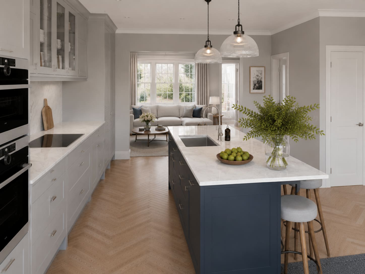 Long view through the same pearl and slate bespoke kitchen into the adjoining living space
