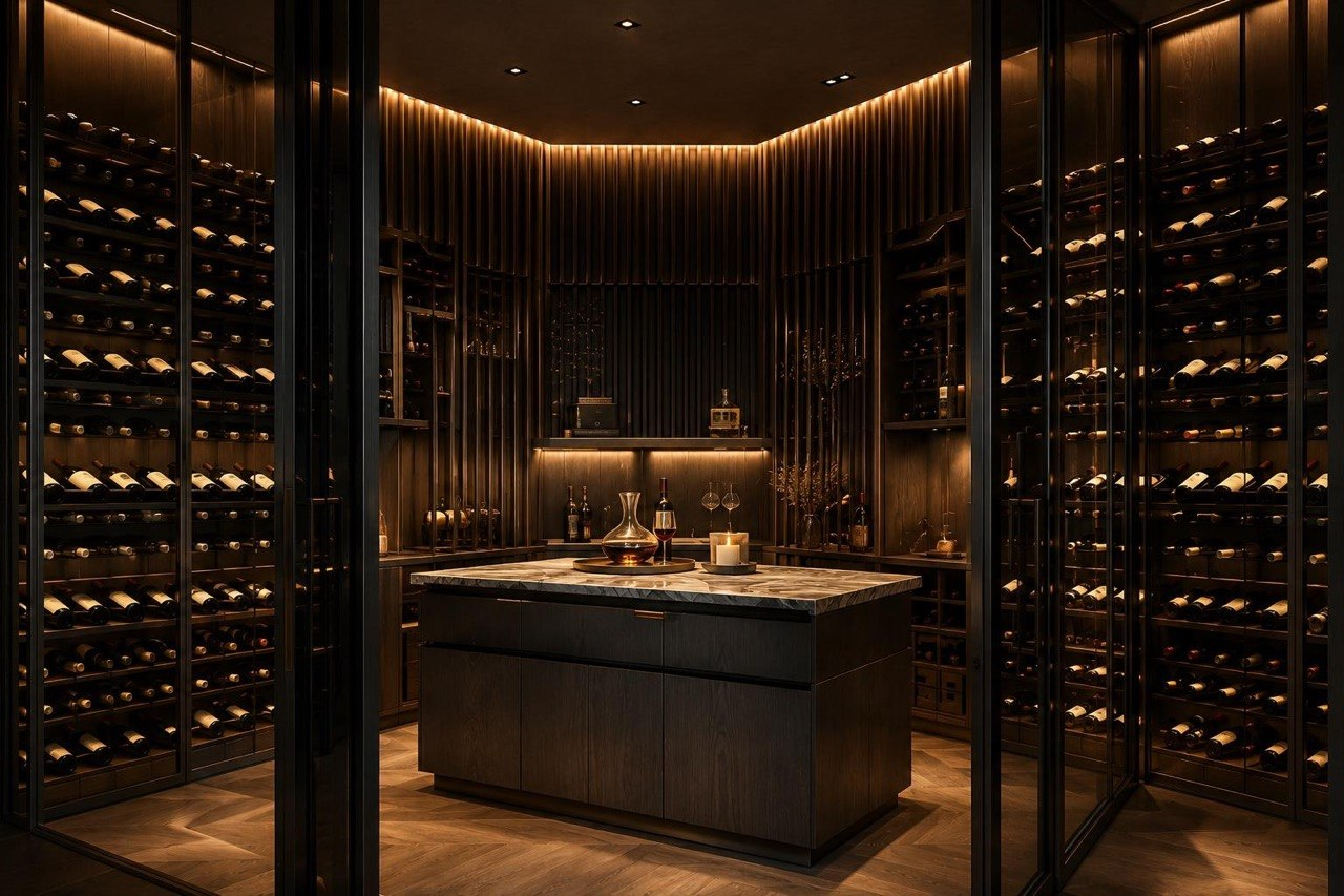 Bespoke wine cellar and kitchen — Kensington townhouse project