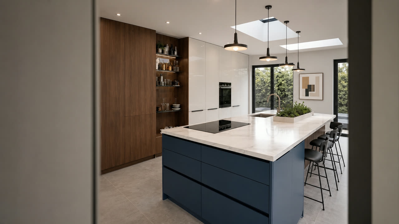 Dark walnut bespoke kitchen with waterfall quartz island and glass pendant lighting — Navy Island — Dominus Design Bespoke Luxury Kitchens London | Vxro.pl