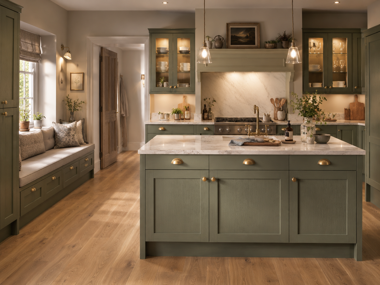 Olive green bespoke kitchen with marble island and glazed cabinets — Olive Lantern — Dominus Design Bespoke Luxury Kitchens London | Vxro.pl