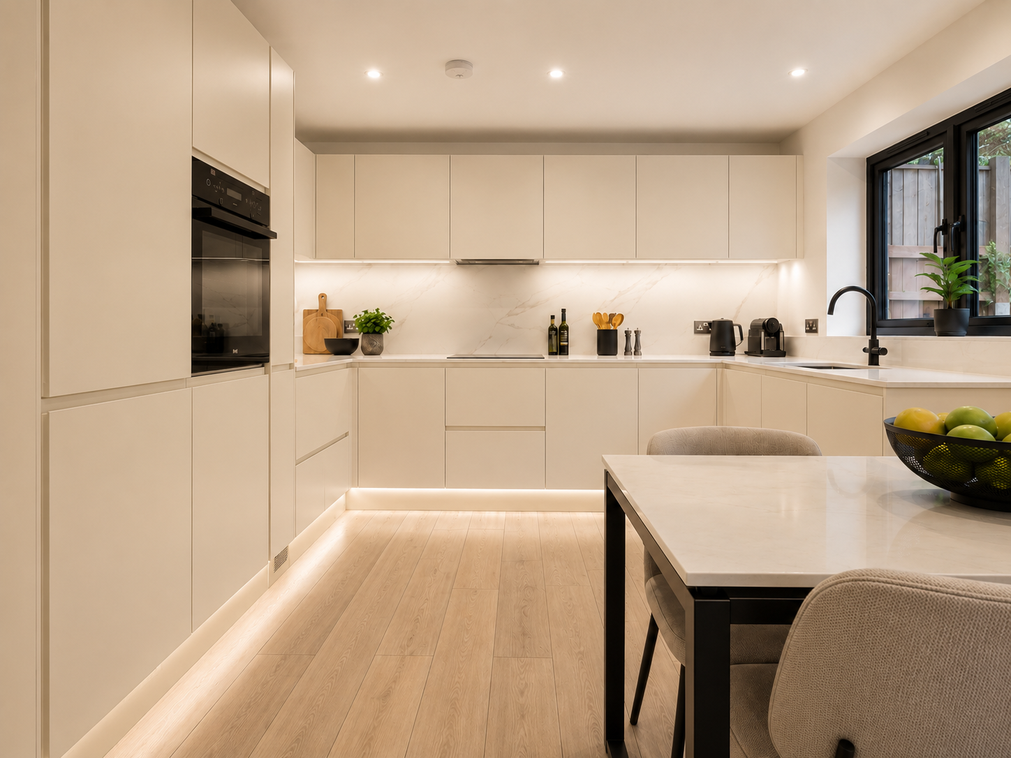 Matte navy handleless kitchen with pale stone worktops — Cream — Dominus Design Bespoke Luxury Kitchens London | Vxro.pl