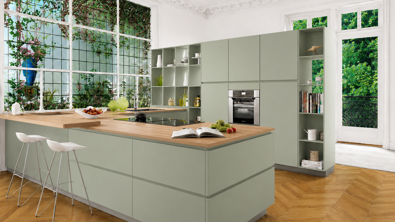 Sage green handleless orangery kitchen with oak worktop and garden greenery beyond — Sage Green — Dominus Design Bespoke Luxury Kitchens London | Vxro.pl