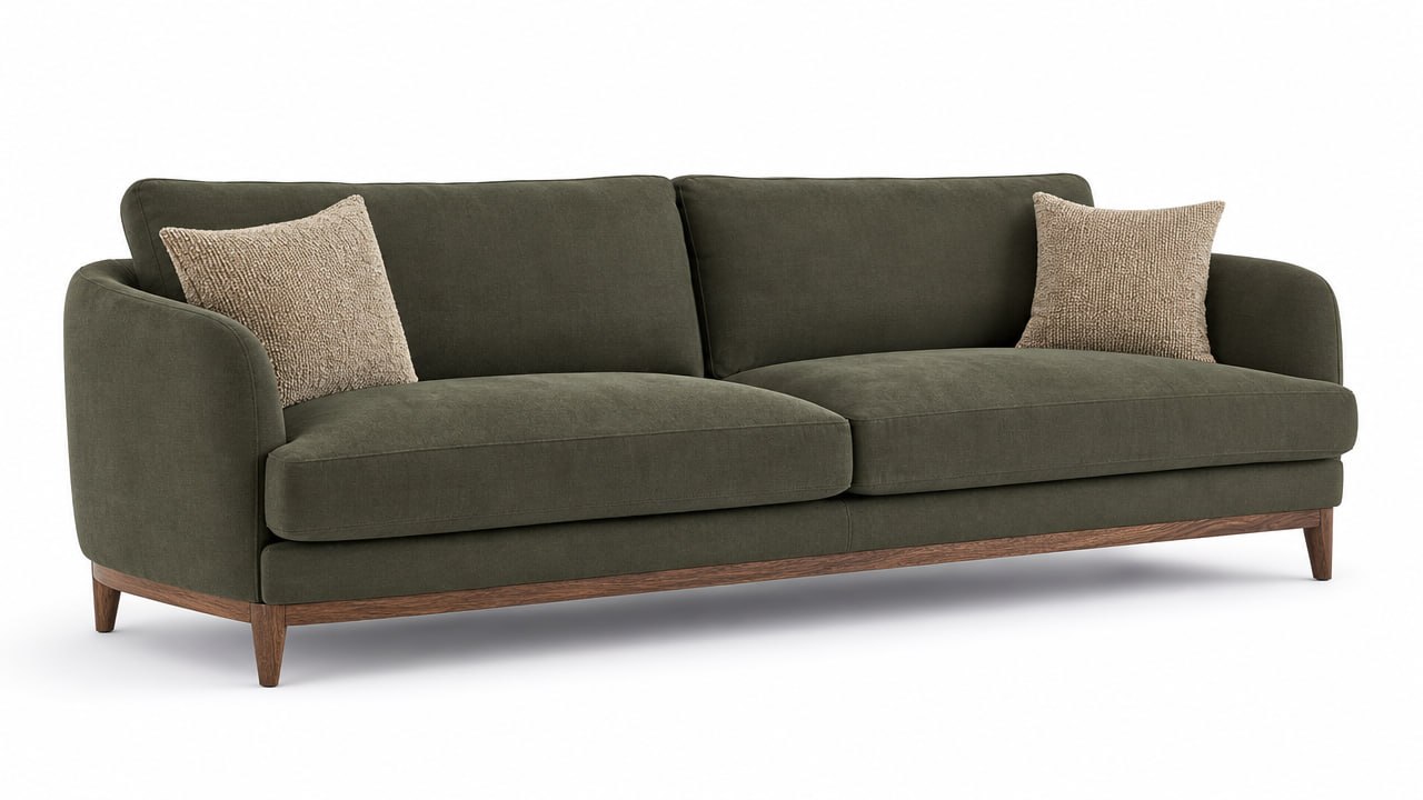 Bespoke olive green curved-arm sofa on a walnut base with bouclé scatter cushions — Dominus Design Bespoke Sofas London | Vxro.pl
