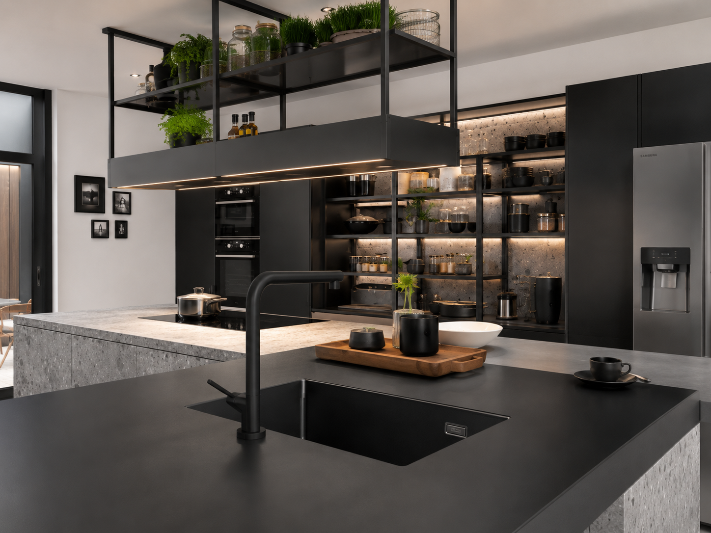 Industrial black bespoke kitchen with overhead shelving and dark stone worktops — Blackened Steel — Dominus Design Bespoke Luxury Kitchens London | Vxro.pl