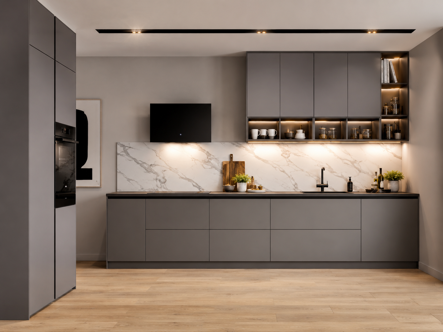 Graphite handleless kitchen with marble splashback and warm oak floor