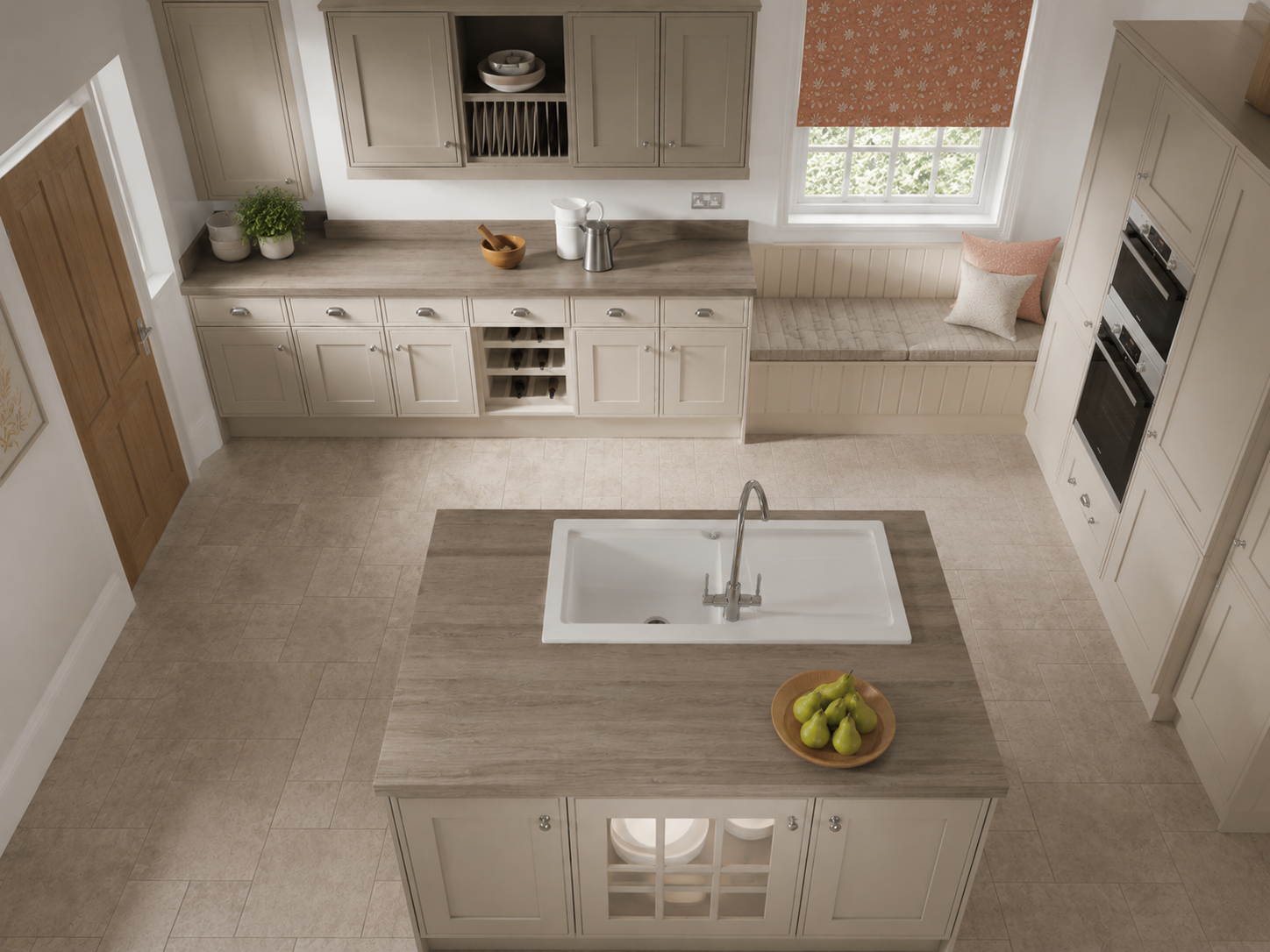 Sculptural marble island bespoke kitchen with neutral joinery