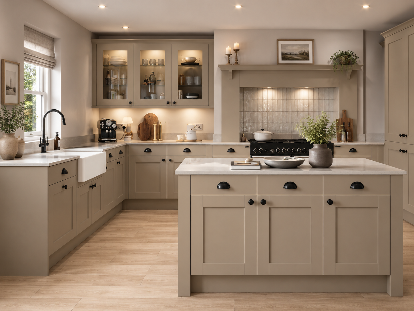 Cream shaker refectory kitchen with island and window