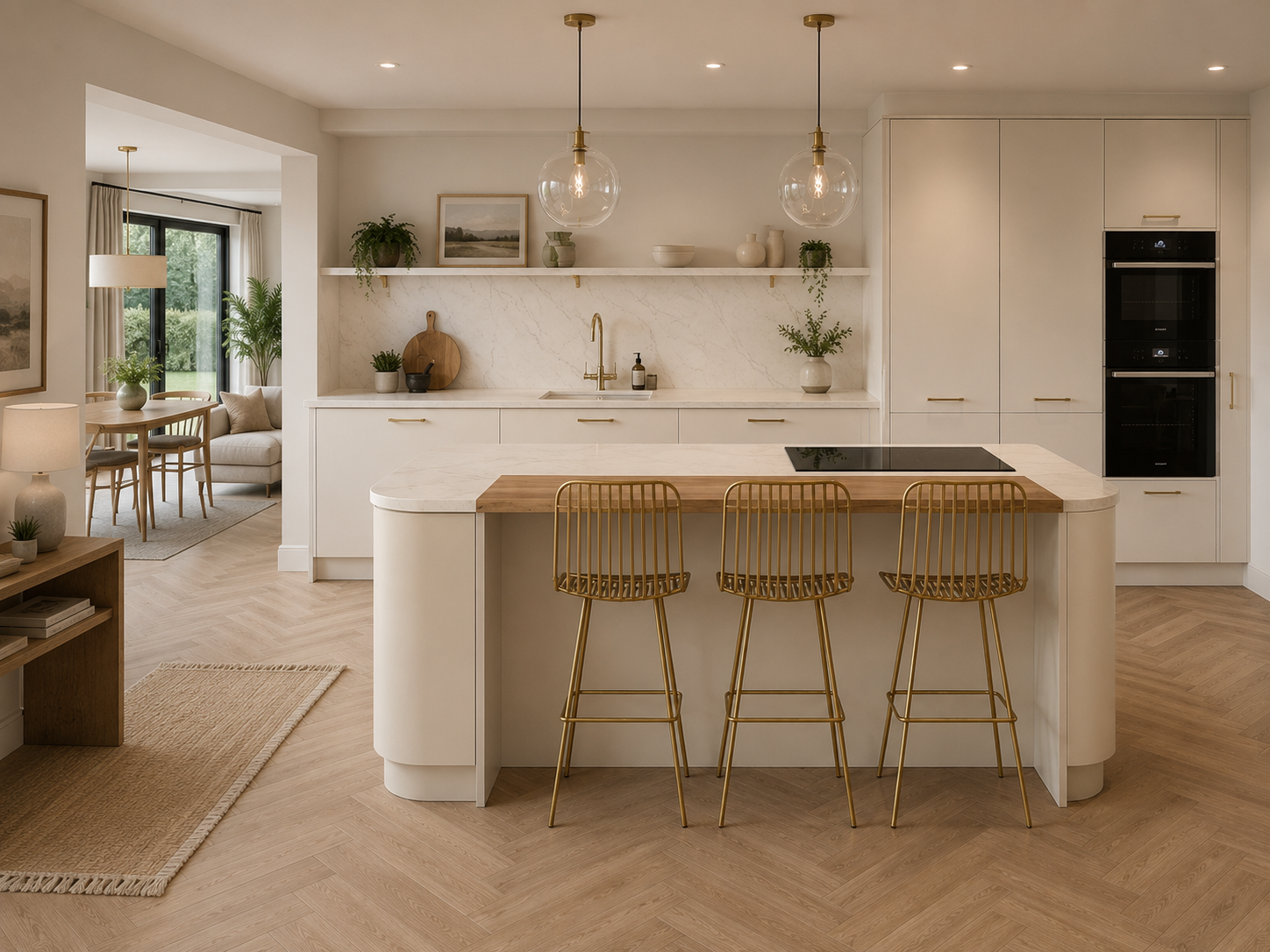 Warm oak bespoke kitchen in cream with layered stone details — Warm Oak — Dominus Design Bespoke Luxury Kitchens London | Vxro.pl