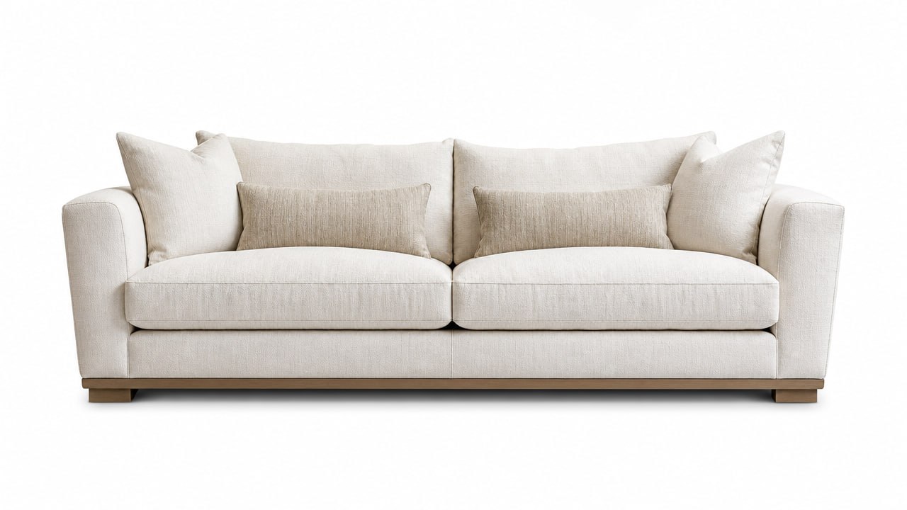 Bespoke ivory linen sofa with deep scatter cushions on an oak plinth — Dominus Design Bespoke Sofas London | Vxro.pl