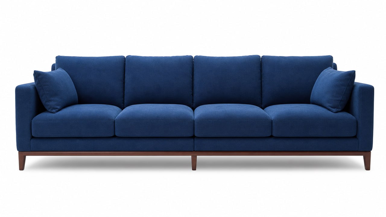 Bespoke navy blue four-seat sofa on a solid walnut base — Dominus Design Bespoke Sofas London | Vxro.pl
