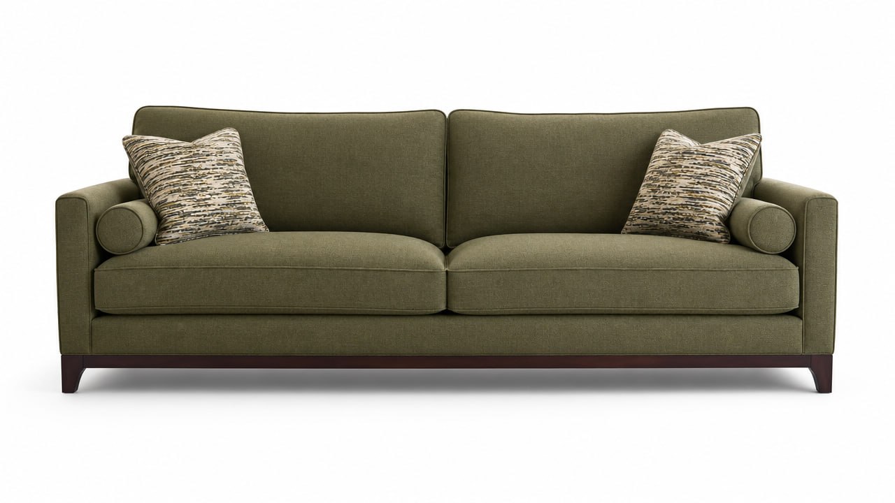 Bespoke olive green tailored sofa with bolster cushions and dark wood plinth — Dominus Design Bespoke Sofas London | Vxro.pl