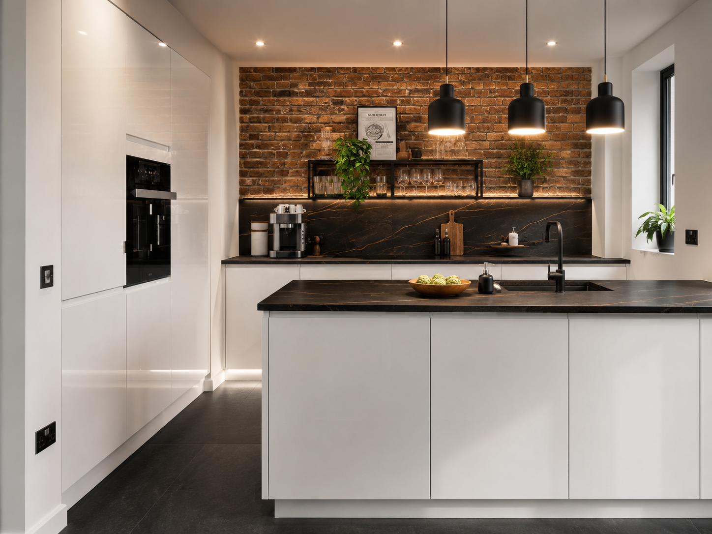 White modern kitchen with black-veined stone and exposed brick splashback — White Lead — Dominus Design Bespoke Luxury Kitchens London | Vxro.pl