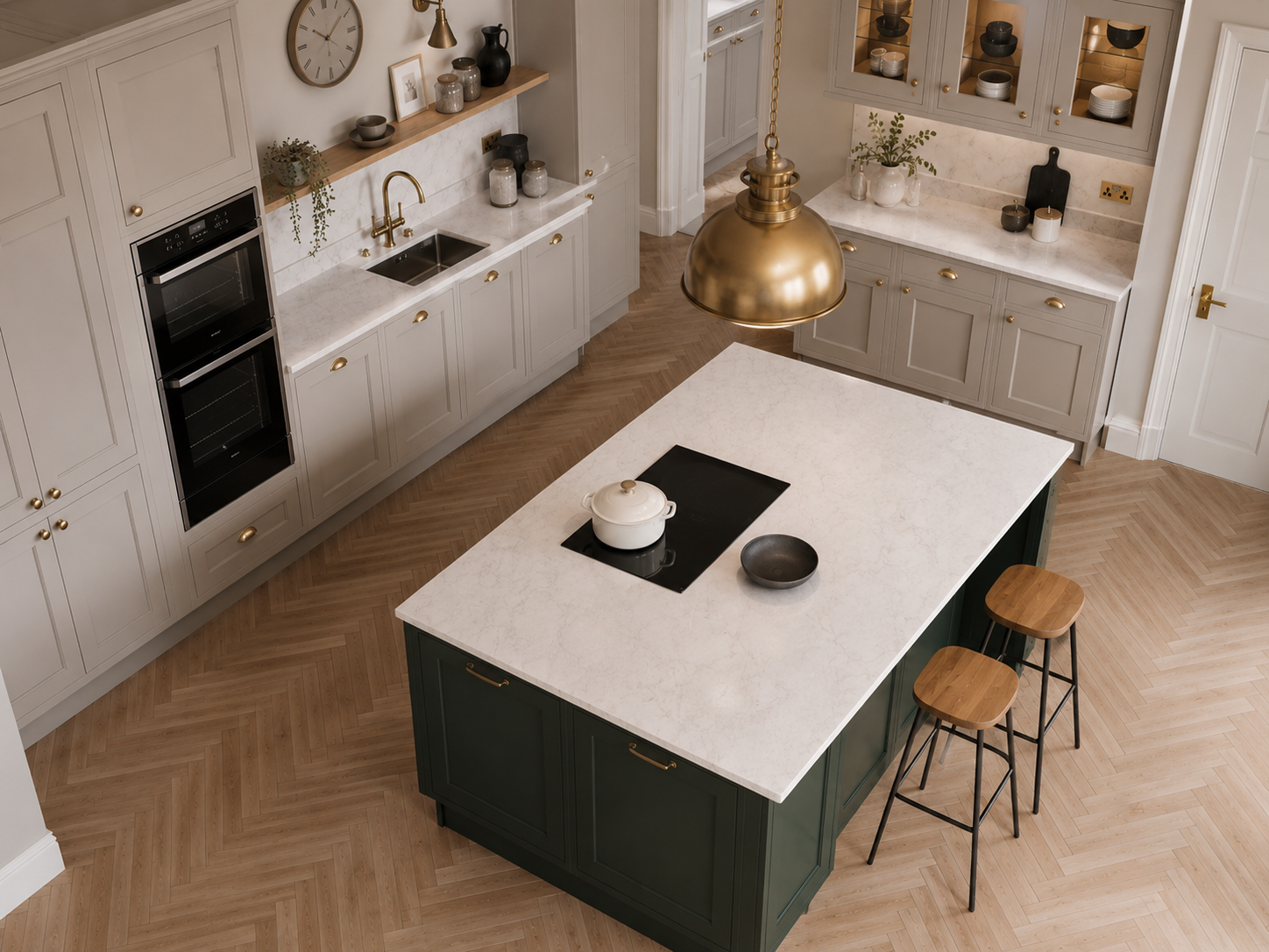 Deep green shaker island bespoke kitchen with brass pendants