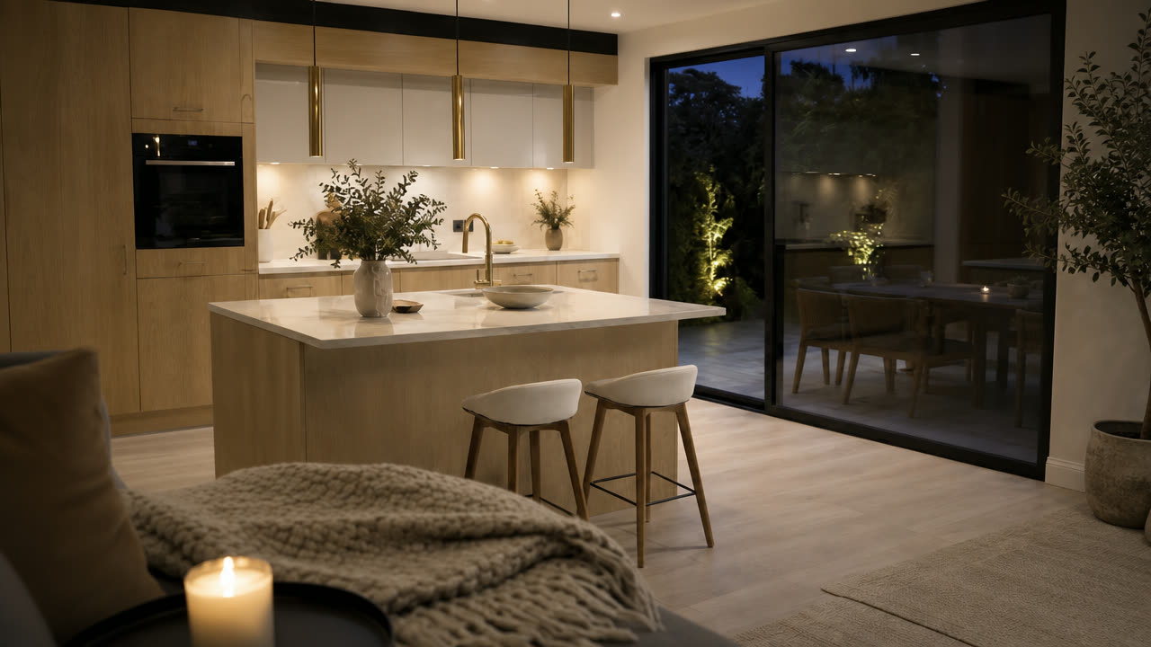 Warm oak bespoke kitchen with marble island and brass pendant lighting at dusk — Natural Oak — Dominus Design Bespoke Luxury Kitchens London | Vxro.pl