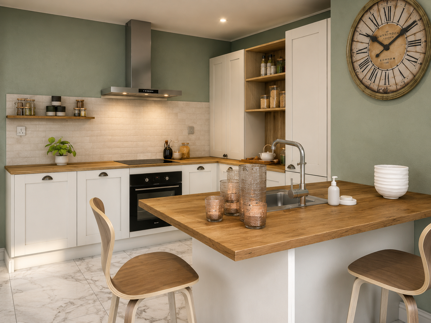 Sage shaker kitchen with timber worktop and clock