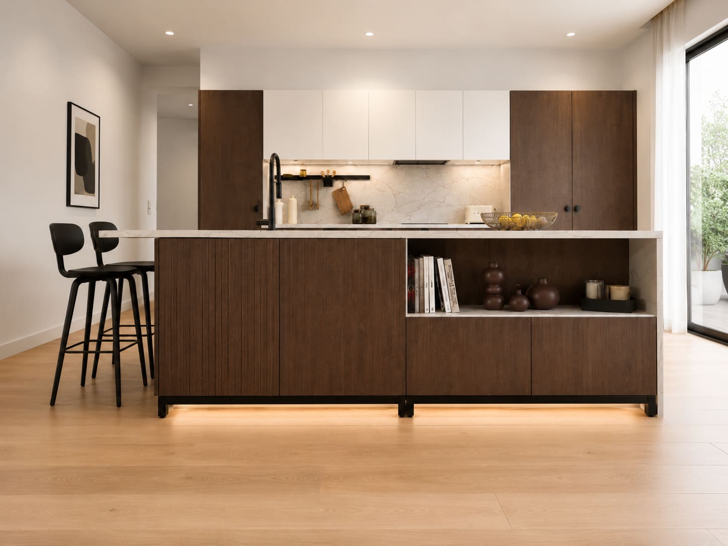 Walnut modern bespoke kitchen with long island and integrated shelving