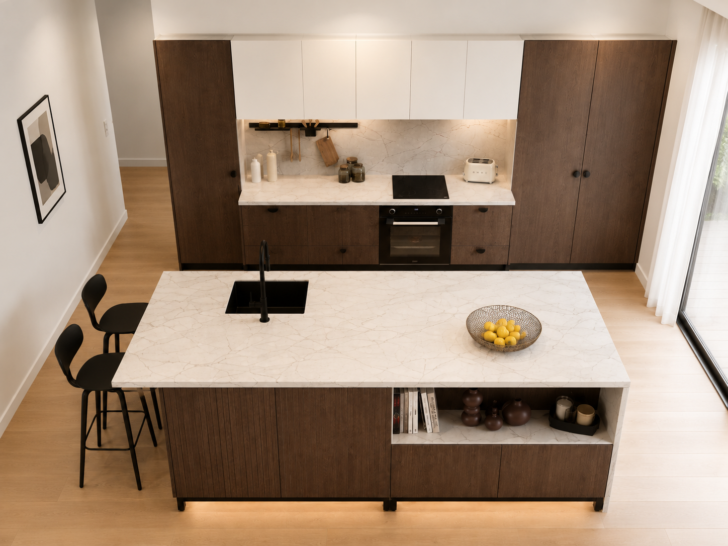 Dark walnut kitchen with pale marble island and blackened fittings