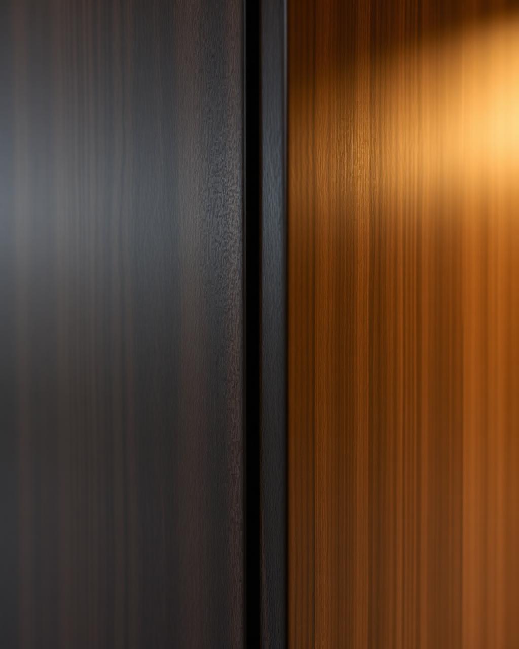 Smoked oak and matte basalt cabinet detail with hidden reveal joint