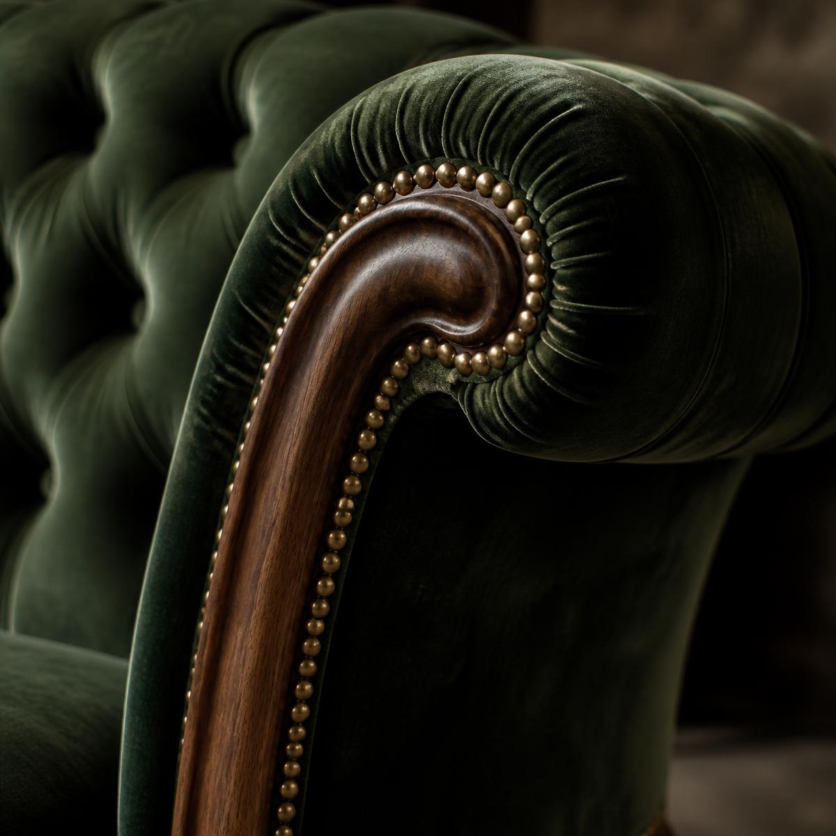 Hand-stitched green velvet upholstery detail with walnut frame and brass studs