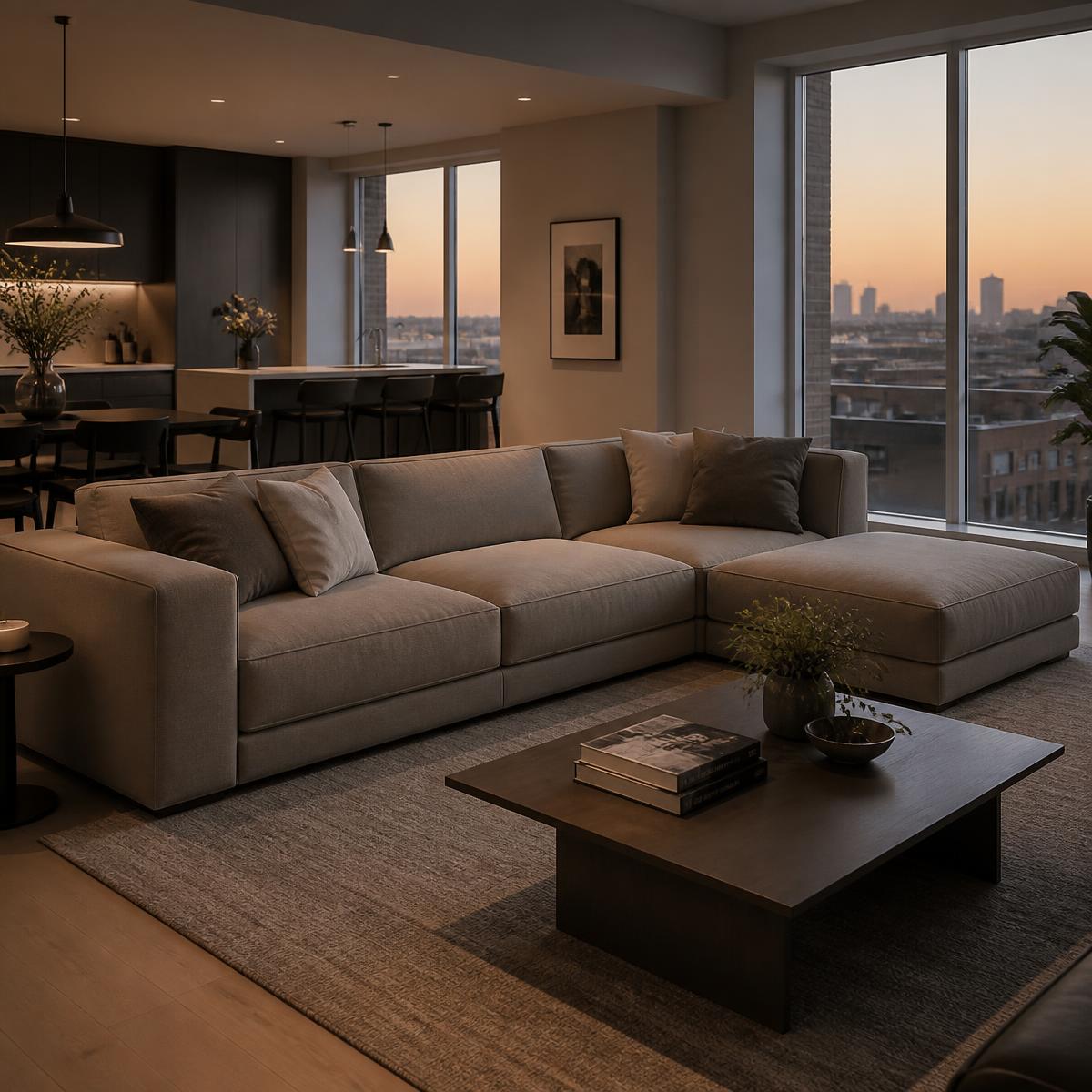 Modular taupe linen corner sofa in a contemporary London apartment